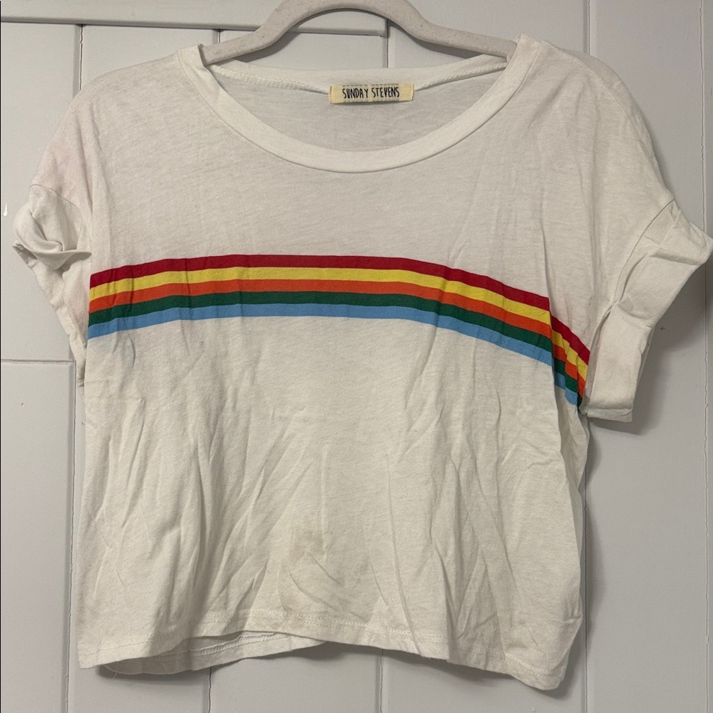 Sunday Stevens White Rainbow Stripe Short Sleeve Tee